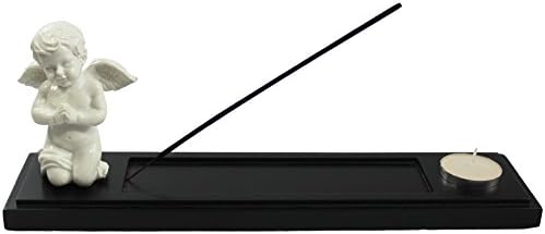 Seraphic Black Wood Incense Burner Holder Tray with Praying Angel Figurine