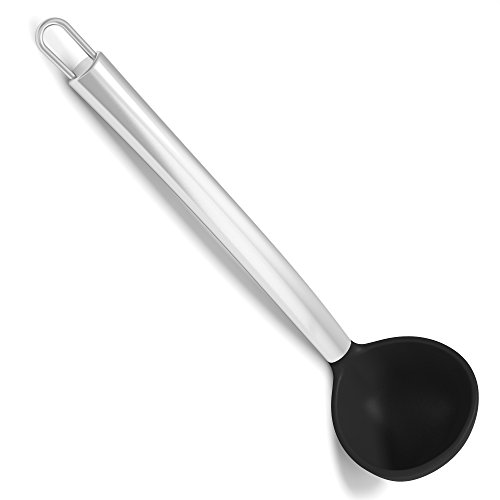 Silicone & Stainless Steel Black 4 Ounce Soup Ladle w/CoolGrip Handle & Flexedge Silicone by Cooler Kitchen (4 Oz)