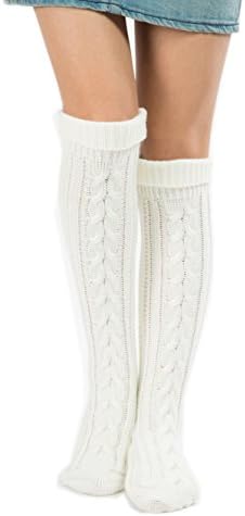 Wisteria Women's Cable Knit Long Boot Socks Over Knee High Winter Leg Warmers (White)