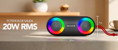 Aiwa Bocina Bluetooth Portátil 20W RMS con Luces LED, Bluetooth 5.3, Sonido Estéreo TWS, Resistente al Agua IPX5, Radio FM, Entradas USB, AUX y TF, Batería 3000 mAh, Ligera y Compacta Color Negro