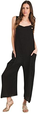Paris Estyl Ladies Lightweight Loose Fit Linen Overalls - Black One Size Wide Leg Dungarees