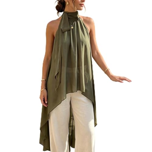 Tenopuli Women Sheer Chiffon Halter Top Asymmetrical High Mock Neck Tie Up Flowy Long Blouse Going Out Tank Top (Elegant Army Green, S) at Amazon