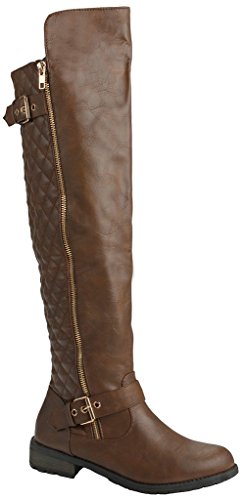 JJF Shoes Mango-41 Brown Dual Gold Decorative Zipper/Buckle Quilted Motorcycle Riding Knee High Boots-5.5