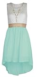 Girls Sleeveless Asymmetrical Chiffon Dress + Necklace- Mint, 13 Years