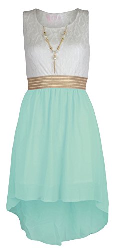 Noroze Girls Sleeveless Asymmetrical Chiffon Dress + Necklace- Mint, 13 Years