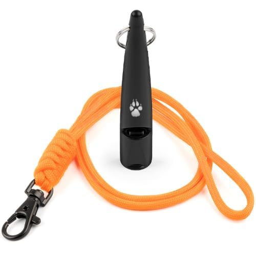 TDL Gun Dog Training Whistle with Lanyard - Dog Whistle with Loud, Solid Tone & Far Reaching Sound - Ideal High-Frequency Long-Distance Dog Recall Whistle for Most Breeds - Black with Orange Rope