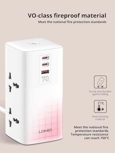 1 year warranty - LDNIO 70W Extension Cord Power Strip for Home & Office, 7-in-1 Charging Station with USB & 2 Type-C Ports, 4 Universal Outlets – Includes