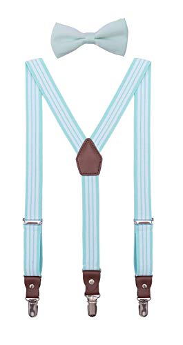 ORSKY Mens' Bow Tie and Suspenders Adjustable Elastic 47 Inches Teal White Stripe