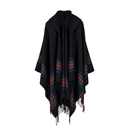 Ladies' Hooded Cape with Fringed Hem,Tassel Poncho shawl Cape Button Cardigan (Black) - Thumbnail 3