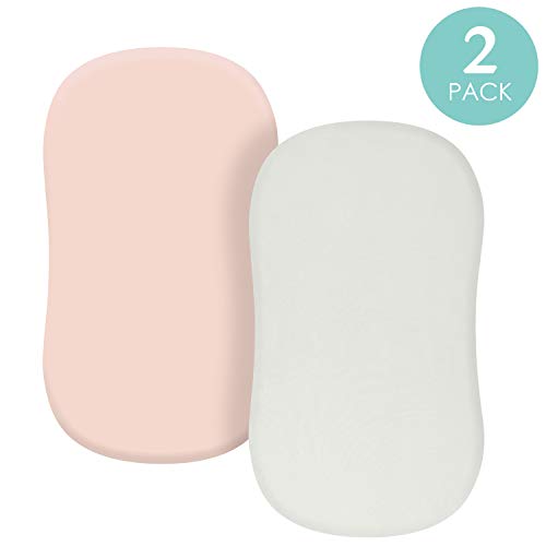TILLYOU Jersey Knit Soft Bassinet Sheets Set, 33''x16''x4'' Flexible for Different Cradle and Bassinet Mattress, Super Soft Breathable Cozy Baby Cradle Sheets, 2 Pack Peachy Pink & Lt Gray - Thumbnail 7