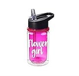 Flower girl water bottle fuchsia with white 10 oz with flip top straw