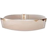 Lady Women Mirror Gold Tone Plate Metal Waist Elastic Belt Obi Band Beige Color