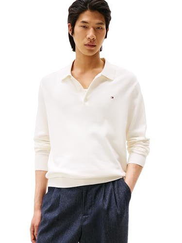 Tommy Hilfiger Men's Cotton Cashmere Long Sleeve Polo, Ivory Petal X-Large