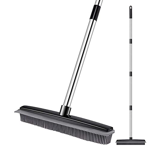 Rubber Broom 150cm Soft Push Broom Bristle Carpet Sweeper with Squeegee Adjustable Long Handle, Removal Pet Human Hair (Black)