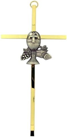 SINGERstar case First Holy Communion Brass Wall Cross with Fine Pewter Communion Chalice Casting, 8 Inch