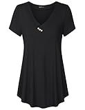 Vinmatto Women's Short Sleeve V Neck Flowy Tunic Top(M,Solid Black)