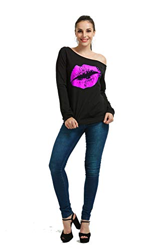 MAGICMK Woman's Sweatershirt Lips Print Causal Offer The Shoulder Slouchy Pullover Tops (Black+Purple, 4XL)