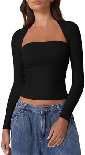QINSEN Cropped Long Sleeve Top Womens Double Lined Sexy Fitted