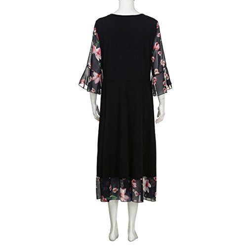 Women's Vintage Prom 3/4 Sleeve Chiffon Floral Print V Neck Cocktail Party Plus Size Swing Dress (Black, XL) - Thumbnail 5