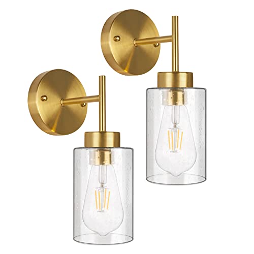 Lámpara De Pared Interior, JSXing Apliques De Pared Con Pantalla De Vidrio Transparente, Lampara De Pared Para Baño, Dormitorio, Espejo, Sala De Estar,E26 Base (Oro-2 piezas)