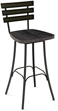 Amisco Stadium Swivel Metal Barstool in Semi-transparent Gun Metal Finish and Medium Dark Gray Distressed Wood