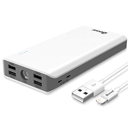 Power Bank 30000mAh, BONAI (Huge Capacity)(Flashlight)(Outdoor) 5.6A Output External Battery Pack, Polymer Fast Portable Charger Compatible iPhone Xs Max iPad Tablet Samsung Android with Cable-White