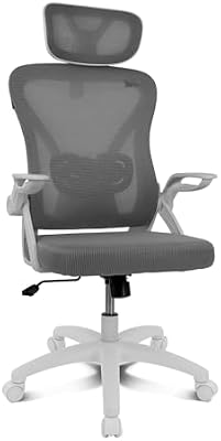 DRAIR35 – Cadeira ergonómica de escritório e secretária em casa com malha elástica respirável, reclinável a 90-120°, apoio de cabeça e braços dobráveis, suporta até 120 kg, cinzento-branco
