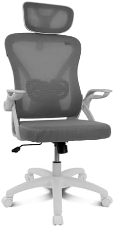 DRAIR35 – Cadeira ergonómica de escritório e secretária em casa com malha elástica respirável, reclinável a 90-120°, apoio de cabeça e braços dobráveis, suporta até 120 kg, cinzento-branco
