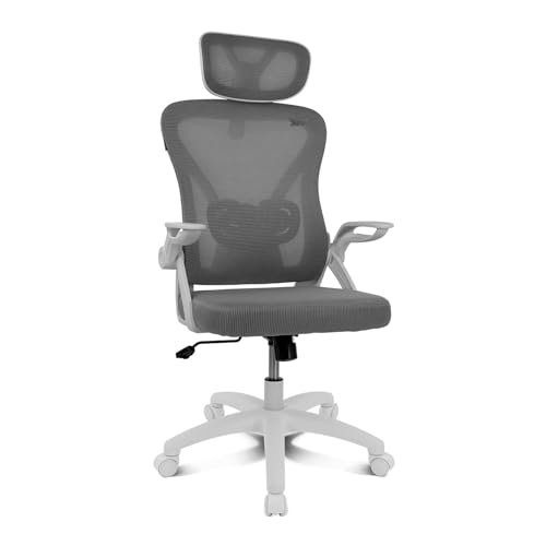DRAIR35 – Silla Escritorio Ergonómica Oficina y Hogar de Malla tensada Transpirable, Reclinable 90-120°, Reposacabezas y Reposabrazos Abatibles, Soporta hasta 120 kg, Gris-Blanco