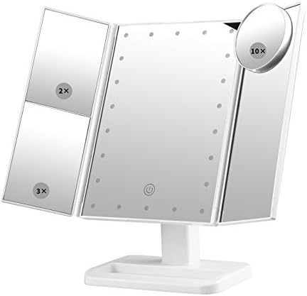 Mirror, Makeup Mirror, 2021 Model, Three-sided Mirror, Actress Mirror, 2 & 3 & 10 Times, Includes 21 LEDs, Three-sided Mirror, Tabletop Mirror, Light Mirror, LED Mirror, 2-way Power Supply, 180° Rotation, Adjustable Brightness, Touch Button, Present, Folding, Mirror (White)