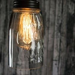 Pendant Lamp, Rustic Open Bottom Quart Mason Jar, Vintage Detail, Brown Lid