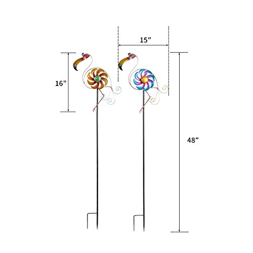 CEDAR HOME Wind Spinner Sculpture Garden Stake Outdoor Cute Metal Stick Art Ornament Figurine Decpr for Lawn Yard Patio by, 10.75" W x 2.25" D x 49.5" H, 2 Set, Flamingo - Thumbnail 4