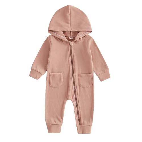 Ledy Champswiin Baby Girl Clothes Fall Romper Solid Hoodie Long Sleeve Pocket Jumpsuit Cute Infant One-Piece Outfit (Double pocket Dark pink, 3-6 Months) at Amazon
