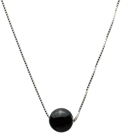 Round 10mm Black Onyx Stone Station Sterling Silver Box Chain Necklace 16"+2"