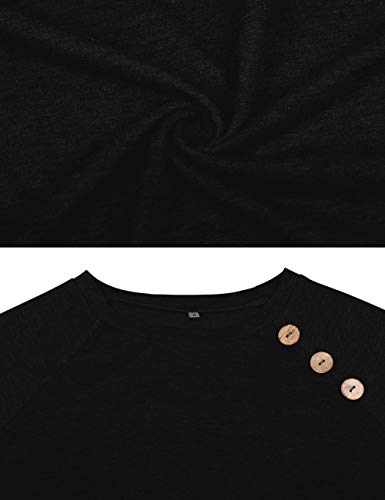 Womens Button Long Sleeve Tops Casual Blouses T-Shirt Round Neck Pockets Top Black L - Thumbnail 6