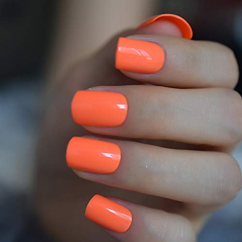 Echiq Neon Fake Nails Short For Daily Wear Square Natural Shape Glossy Gel Nails Orange Pink Simple Tips With Adhesive Pricepulse