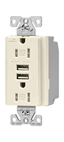 Eaton TR7745LA-BOX Combination USB Charger with Tamper Resistant Receptacle and Box, 15-Amp, Light Almond Finish