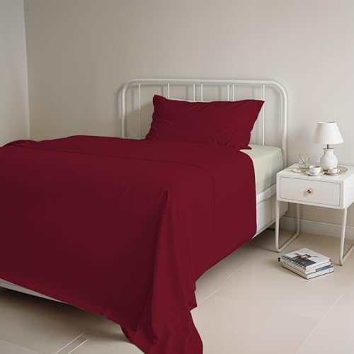 Italian Bed Linen Natural Colour Bed Sheet Set, Bordeaux/Cream, Single