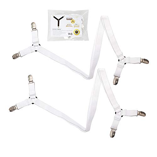 Premium Bed Sheet Fasteners, 2 Pcs Adjustable Crisscross Fitted Sheet Band Straps Grippers Suspenders Corner Holder Elastic Heavy Duty for All Bedsheets Flat Sheets Mattress Cover (Set of 2) (white)