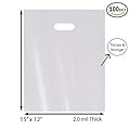 100 Pack 12" x 15" with 2 mil Thick White Merchandise Plastic Glossy Retail Bags | Die Cut Handles | Perfect for Shopping, Party Favors, Birthdays, Children Parties | Color White | 100% Recyclable