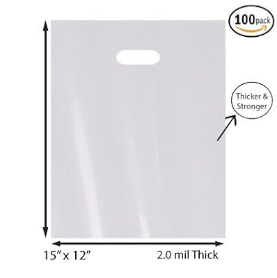 100 Pack 12" x 15" with 2 mil Thick White Merchandise Plastic Glossy Retail Bags | Die Cut Handles | Perfect for Shopping, Party Favors, Birthdays, Children Parties | Color White | 100% Recyclable