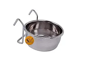 Sage Square Rustproof Stainless Steel Cage Food, Seed, Water Feeder Cum Bowl with Holder clamp for Birds (250ml) (Pack of 1)