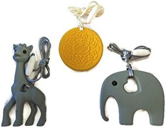 Baby Teething Toys Elephant &amp; Yellow Cookie Shaped 100% BPA Free Food Grade Non Toxic Silicone Necklace Sensory Teething Toy 3 Months Free Giraffe