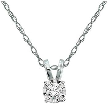 Solitaire Diamond Pendant with 14k White Gold Chain Necklace Miracle setting. (Color JKLM, Clarity I2/I3) (0.10 Carat)
