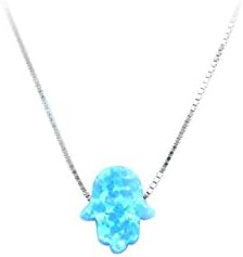 Blue Opal Hamsa Hand Pendant Necklace with 925 Silver Chain 18" Free Gift Box