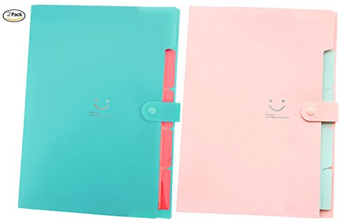 iToolai Smile Pattern Plastic 5 Pockets Accordion Expanding File Folder A4 Letter Size Documents Papers Organizer with Snap Closure (Pack 2- Aqua and Pink)