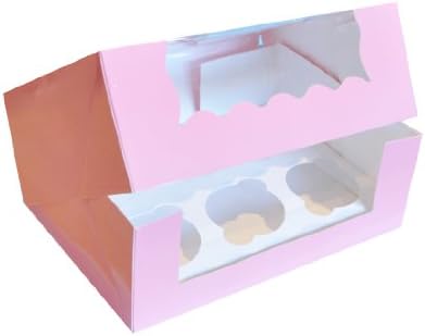 Cupcake Boxes with Window & Insert- Holds 6 Fairy Cup Cakes (Pack of 6, Pink)