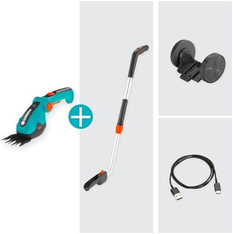 Set Forbici a batteria per erba ComfortCut Li: forbici per prato e manico telescopico con ruote, impugnatura comoda inclinabile con indicatore a LED, cambio lama senza utensili (9889-20)