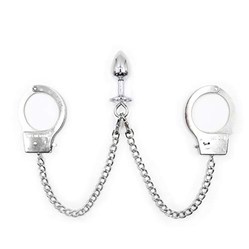 SM Sexy Handcuffs with Anal Plug for Female – Long Chains Stainless Steel Wrist Restraints Cuffs – Fetish Adult Sex Toys for Couples and Lover,Silver