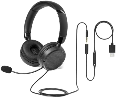 , auriculares supraaurales con cable, micrófono ajustable, conexión de 3,5 mm, control por cable con USB-A, plegables, para oficina, teléfono inteligente, computadora portátil, negros